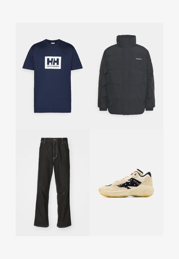 Čierna puffová bunda s vysokým golierom, zipom vpredu a elastickými manžetami. Obsahuje vrecko a malé logo na hrudi. Textúrovaný povrch.; Námornícky modré bavlnené tričko s bielym obdĺžnikovým logom so zameraním na hru "HH" a textom "HELly HANSEN" uprostred na hrudi. Krátke rukávy.; Čierne denimové nohavice s voľným strihom, s kontrastným bielym prešívaním, uzáverom na gombík a rovnými nohavicami.; Beževo-čierne tenisky so semišovým zvrškom, s hladkým čiernym bočným panelom so bielymi bodkami a textúrovanou gumovou podrážkou.