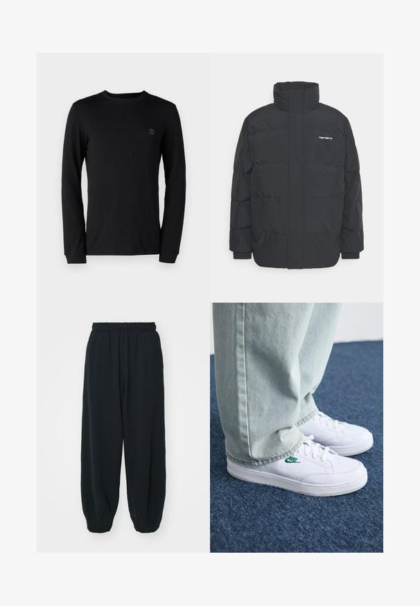 Fekete puffKabát magas nyakkal, cipzáros előlappal és rugalmas mandzsettával. Tartalmaz egy zsebet és egy kis logót a mellkason. Texturált felület.; Fekete, hosszú ujjú póló, puha pamutból készült, kerek nyakkivágással és diszkrét logóval a mellkason. Szabványos mandzsetta van rajta.; Fekete, rugalmas derékpántos melegítőnadrág, laza fit, véget érő szárakkal, sima textúrával, látható minták vagy hardver díszek nélkül.; Fehér bőr sportcipők zöld Nike logóval, kerek orral, lapos talppal, világoskék farmernadrággal párosítva, kék szőnyegen bemutatva.