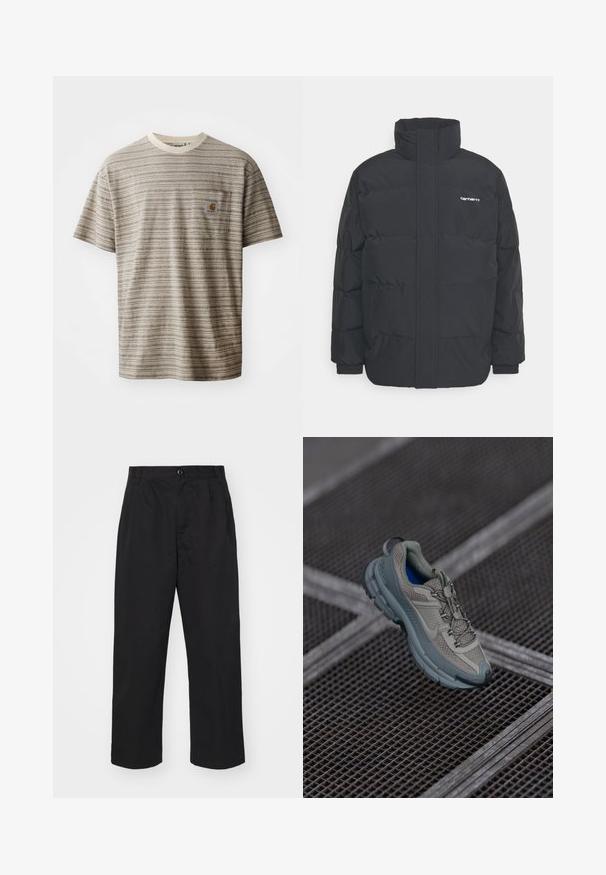 Černá zimní bunda s vysokým límcem, zipem vpředu a elastickými manžetami. Má kapsu a malé logo na hrudi. Texturovaný povrch.; Krátký rukáv pruhované tričko v béžové a hnědé barvě, s kulatým výstřihem a náprsní kapsou s logem. Texturovaná tkanina.; Černé bavlněné kalhoty s rovnějšími nohavicemi, zapínání na knoflík, dvě přední kapsy a hladký povrch.; Béžová a šedá sportovní bota s texturovaným síťovinovým svrškem, zaoblenou špičkou a gumovou podrážkou, vybavená tkaničkami a polstrovaným límcem.