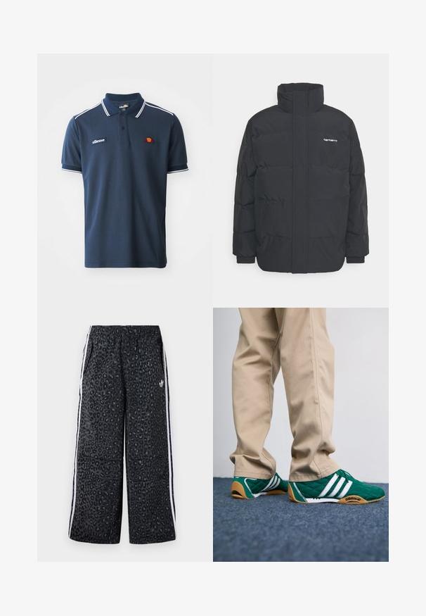 Casaco acolchoado preto com colarinho alto, fecho de correr à frente e punhos elásticos. Apresenta um bolso e um pequeno logótipo no peito. Superfície texturada.; Polo azul-marinho feito de algodão macio, apresentando detalhes em faixa branca na gola e nas mangas, e um logotipo bordado no peito.; adidas Originals GRAPHIC UNISEX - Calças de fato de treino - black; Ténis verde acolchoados com riscas brancas e solas de borracha castanha, combinados com calças beige. O design apresenta um perfil baixo e material texturizado.