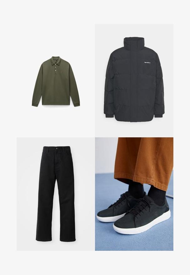 Mustam varrukas jope kõrge kaelusega, vipptõmblusega ja elastsete mansettidega. Omaduseks on tasku ja väike logo rinnal. Tekstuuritud pind.; Oliiviroheline pikkade varrukatega polo särk, mis on valmistatud puuvillast, sisaldab kolme nupuga sulgemist, soonikutega mansette ja väikest tikandiga logo rinnal.; Mustadest denimist püksid sirge lõikega, mis sisaldavad ees taskuid, lukufliisi ja ühte ülemist nööpi. Tekstureeritud kangas mati viimistlusega.; Mustad suede spordijalatsid valge kummitaldaga, millel on paeltega kinnitamine, tekstuuriga aktsendid ja tagasihoidlik bränding, koos pruuni pükstega.