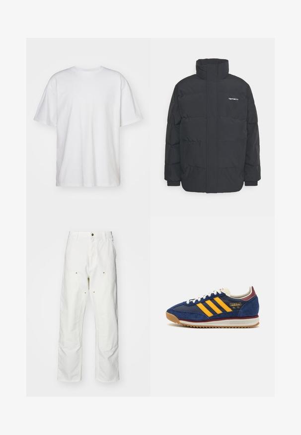Zwarte pufferjas met een hoge kraag, rits aan de voorkant en elastische manchetten. Bevat een zak en een klein logo op de borst. Getextureerd oppervlak.; Carhartt WIP DUSTER SCRIPT - T-shirt basic - white; Witte katoenen cargobroeken met een relaxte pasvorm. Kenmerken zijn onder andere voorzakken, gouden hardware accenten en versterkte kniezones.; Marine blauwe suède sneaker met gele strepen, witte veters en bordeauxrode accenten. Textuurzool met groeven voor grip. Merksymbool aan de zijkant.