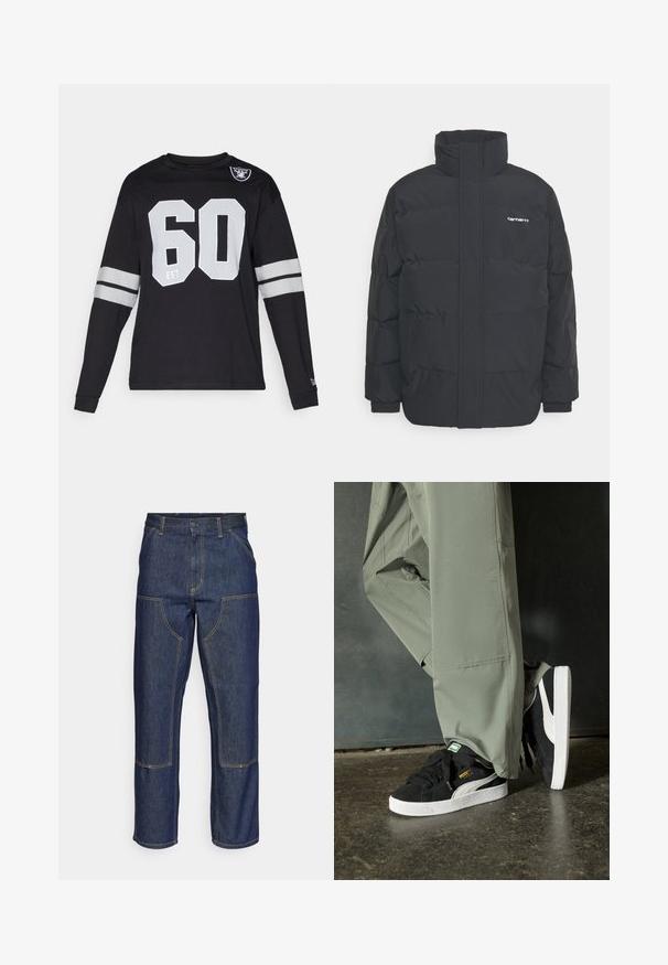 Zwarte pufferjas met een hoge kraag, rits aan de voorkant en elastische manchetten. Bevat een zak en een klein logo op de borst. Getextureerd oppervlak.; Zwart langmouwen T-shirt met een ronde halslijn, heeft een witte "60" en grijze strepen op de mouwen. Bevat een logo op de bovenste linkerkant van de borst.; Donkerblauwe denim jeans met een hoge taille, rechte pijpen, contrasterende stiksels en opgestikte zakken aan de voorkant.; Zwarte suède sneakers met witte rubberen zolen en zijstrepen, gecombineerd met lichtgroene cargobroeken, staande op een gestructureerd donker oppervlak.