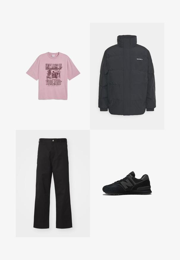 Chaqueta de plumas negra con cuello alto, cierre de cremallera frontal y puños elásticos. Cuenta con un bolsillo y un pequeño logo en el pecho. Superficie texturizada.; Camiseta de algodón de gran tamaño en color rosa con cuello redondo. Presenta una impresión gráfica con texto e ilustraciones en el frontal.; Pantalones negros de tela duradera con un corte recto, que presentan un cierre frontal con botón, passadores para cinturón y sin patrones o acentos visibles.; Zapatilla negra con parte superior de ante y malla, suela gruesa y el prominente logo 'N' en el lateral. Diseño texturizado con cierre de cordones.