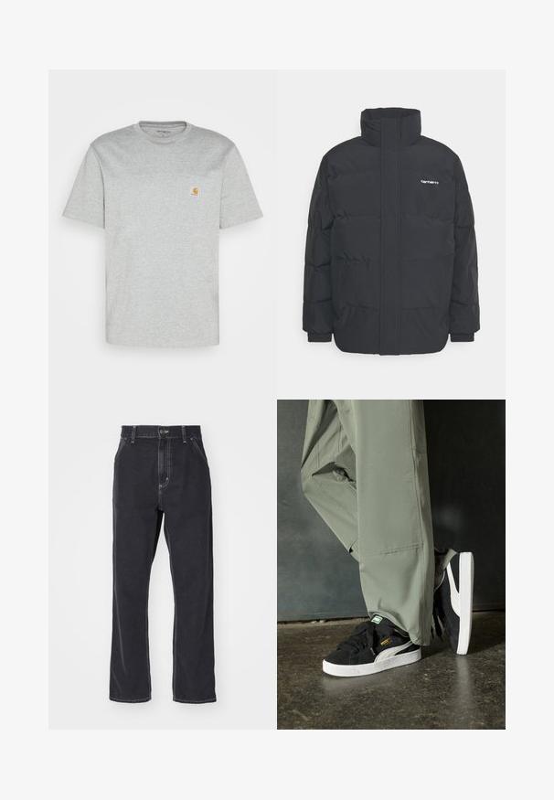 Giacca puffa nera con colletto alto, chiusura con zip frontale e polsini elastici. Presenta una tasca e un piccolo logo sul petto. Superficie testurizzata.; T-shirt grigio in cotone con maniche corte e scollo a giro. Presenta una tasca sul petto sinistro e un piccolo logo del marchio arancione sulla tasca.; Jeans in denim nero con taglio dritto, dotati di chiusura con zip, cinque tasche e cuciture a contrasto lungo le cuciture.; Sneaker in suede nero con suole in gomma bianca e strisce laterali, abbinate a pantaloni cargo verde chiaro, in piedi su una superficie scura e texture.