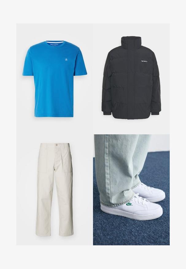 Casaco acolchoado preto com colarinho alto, fecho de correr à frente e punhos elásticos. Apresenta um bolso e um pequeno logótipo no peito. Superfície texturada.; T-shirt de manga curta em algodão azul vibrante, com decote redondo e pequeno logótipo em branco bordado no lado esquerdo do peito.; Calças largas em bege claro, feitas de algodão. Apresentam bolsos frontais e fecho com botão. Textura suave com linhas verticais subtis.; Tênis de couro brancos com logo verde da Nike, bico redondo, sola plana, combinados com calças de denim azul claro, exibidos sobre um tapete azul.