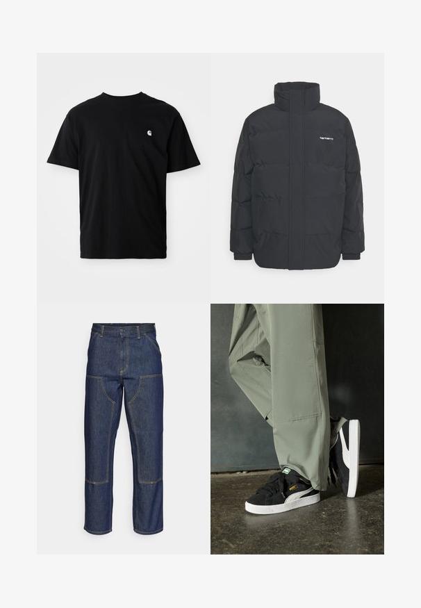 Fekete puffKabát magas nyakkal, cipzáros előlappal és rugalmas mandzsettával. Tartalmaz egy zsebet és egy kis logót a mellkason. Texturált felület.; Fekete pamut póló kerek nyakkal, rövid ujjakkal, és egy kis fehér logóval a bal mellrészen. Oldalsó varrások láthatóak. Puha tapintású.; Sötétkék farmernadrág, magas derekú, egyenes szárú dizájnnal, kontrasztos varrással és elülső zsebekkel.; Fekete velúr sportcipők fehér gumitalppal és oldalsávokkal, világos zöld cargo nadrággal párosítva, egy textúrált sötét felületen állva.