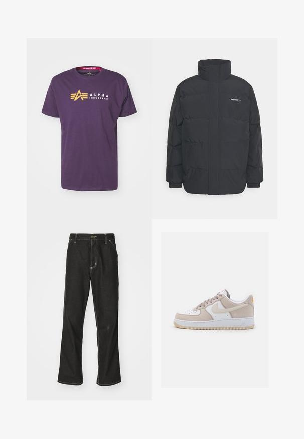Črna puhasta jakna z visokim ovratnikom, z zadrgo spredaj in elastičnimi manšetami. Ima žep in majhen logotip na prsih. Teksturirana površina.; Vijolična bombažna majica s kratkimi rokavi, ki ima rumeni logotip "A" in bel napis "ALPHA INDUSTRIES". Okrugel izrez.; Črne jeans hlače ohlapenega kroja, ki imajo kontrastno belo šivanje, zapiranje na gumb in ravno nogavico.; Tenisice z belim usnjem in bež semensku oblogo. Gladek, okrogla konica, tono vezalke, gumijast podplat in oranžna oznaka na peti.