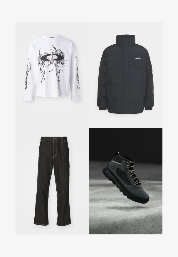 Mustam varrukas jope kõrge kaelusega, vipptõmblusega ja elastsete mansettidega. Omaduseks on tasku ja väike logo rinnal. Tekstuuritud pind.; Weekday Pikkade varrukatega topp - white; Mustadest denimist püksid, lahtise lõikega, kontrastsete valgete õmblustega, nööbiga kinnitamine ja sirge säär.; Tumedate hallid matkajalatsid, millel on nubuk- ja sünteetilised materjalid, pehmendatud krae, beežid paelad ja vastupidav kummist talla profilm, mis tagab toetuse.