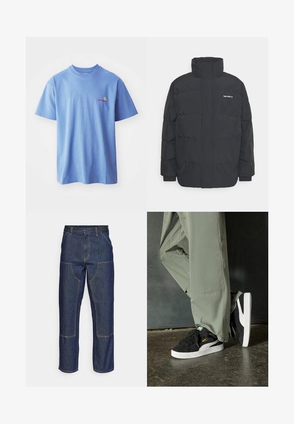 Zwarte pufferjas met een hoge kraag, rits aan de voorkant en elastische manchetten. Bevat een zak en een klein logo op de borst. Getextureerd oppervlak.; Lichtblauw katoenen T-shirt met korte mouwen en een ronde hals. Voorzien van een klein oranje en rood logo op de linkerkant van de borst.; Donkerblauwe denim jeans met een hoge taille, rechte pijpen, contrasterende stiksels en opgestikte zakken aan de voorkant.; Zwarte suède sneakers met witte rubberen zolen en zijstrepen, gecombineerd met lichtgroene cargobroeken, staande op een gestructureerd donker oppervlak.
