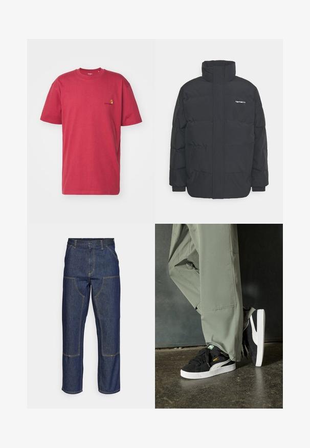 Musta puhvijaakku korkealla kauluksella, vetoketjukiinnitys edessä ja joustavat hihansuut. Varustettu taskulla ja pienellä logolla rintakehässä. Rakeinen pinta.; Carhartt WIP AMERICAN SCRIPT - T-paita - tuscany; Tummansiniset farkut, joissa on korkea vyötärö, suora lahje, eriväriset ompeleet ja etupuolella pakki-taskut.; Mustat mokkakengät, joissa on valkoiset kumipohjat ja sivuraitoja, yhdistettynä vaaleanvihreisiin cargo-housuihin, seisoen tummalla teksturoidulla pinnalla.