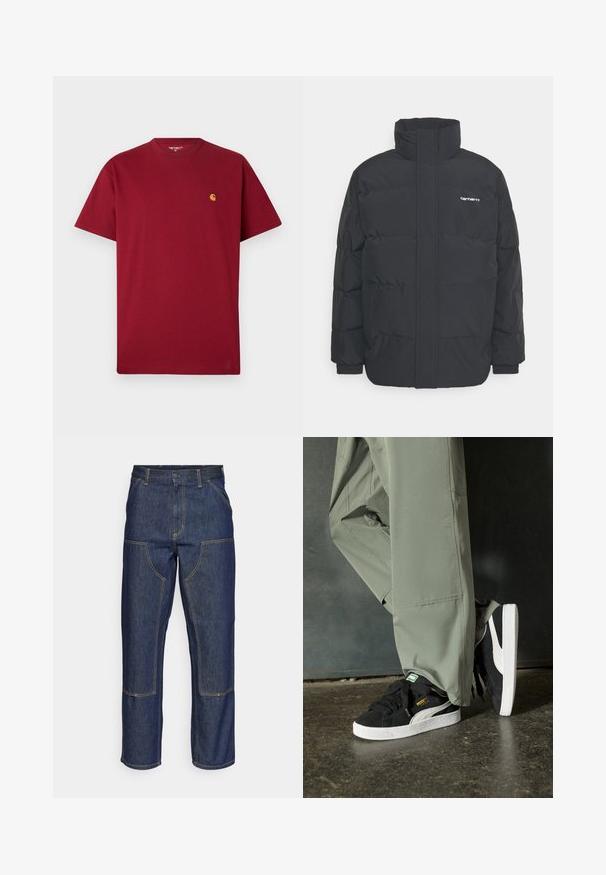 Casaco acolchoado preto com colarinho alto, fecho de correr à frente e punhos elásticos. Apresenta um bolso e um pequeno logótipo no peito. Superfície texturada.; T-shirt de algodão vermelho com decote redondo, mangas curtas e um pequeno logótipo dourado no lado esquerdo do peito. Textura suave e design de corte reto.; Jeans de ganga escura com uma cintura alta, design de perna reta, costuras em contraste e bolsos de remendo na frente.; Sapatilhas de camurça pretas com solas de borracha branca e riscas laterais, combinadas com calças de carga verde claro, em pé sobre uma superfície escura e texturizada.