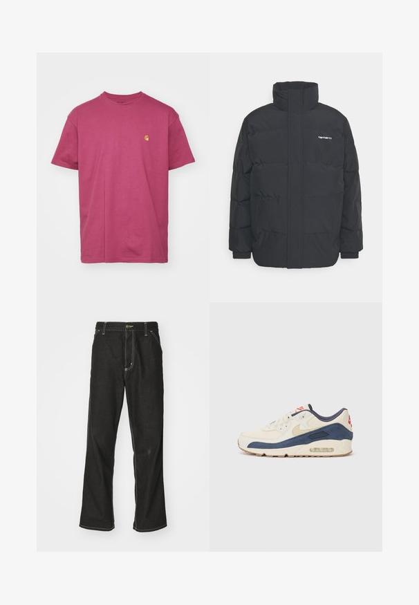 Fekete puffKabát magas nyakkal, cipzáros előlappal és rugalmas mandzsettával. Tartalmaz egy zsebet és egy kis logót a mellkason. Texturált felület.; Carhartt WIP CHASE - Basic póló - dusty fuchsia/gold; Fekete farmernadrág laza szabással, kontrasztos fehér varrással, gombos záródással és egyenes lábmegoldással.; Tejszínbőr és tengerészkék velúr felsőrésszel rendelkező sporty cipők, látható légsóléval, bézs gumitalppal és piros részlettel a saroknál.