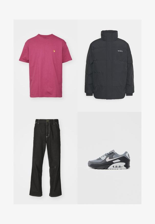 Musta puhvijaakku korkealla kauluksella, vetoketjukiinnitys edessä ja joustavat hihansuut. Varustettu taskulla ja pienellä logolla rintakehässä. Rakeinen pinta.; Carhartt WIP CHASE - T-paita - dusty fuchsia/gold; Mustat farkut, joissa on löysä istuvuus, erottuva valkoinen ompelu, nappikiinnitys ja suora lahje.; Harmaa lenkkitossu, jossa yhdistelmä verkkokangasta ja mokkanahkaa, musta pohja ja näkyvä ilmayksikkö. Huomattavat vaaleanharmaat yksityiskohdat ja nauhat.