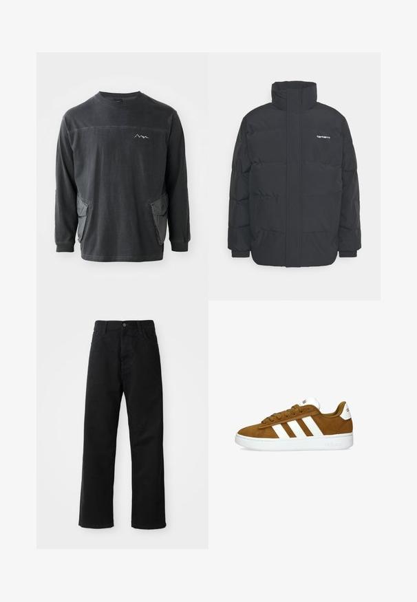 Schwarze Daunenjacke mit hohem Kragen, Reißverschluss vorne und elastischen Bündchen. Verfügt über eine Tasche und ein kleines Logo auf der Brust. Strukturiert Oberfläche.; Schwarzes Langarmshirt mit Rundhalsausschnitt. Verfügt über zwei seitliche Taschen und eine Berggrafik auf der Brust. Aus weichem Baumwollmaterial gefertigt.; Schwarze Jeans mit geradem Schnitt, ausgestattet mit Fronttaschen, einem Reißverschluss und einem einzelnen oberen Knopf. Texturiert mit matter Oberfläche.; Braune Wildleder-Sneaker mit weißen Lederstreifen. Verfügt über eine weiße Gummisohle und eine runde Spitze. Enthält eine Schnürung vorne und einen gepolsterten Kragen.