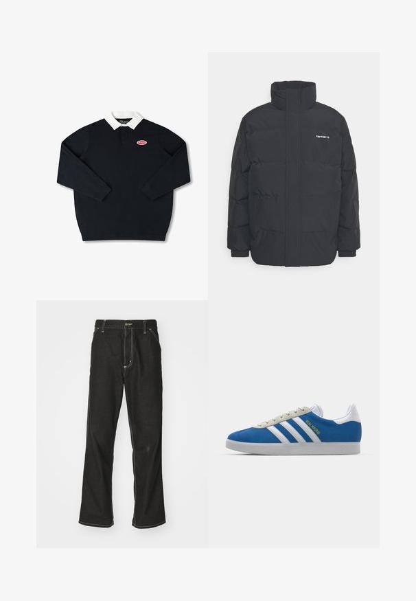 Casaco acolchoado preto com colarinho alto, fecho de correr à frente e punhos elásticos. Apresenta um bolso e um pequeno logótipo no peito. Superfície texturada.; Camisa polo preta de manga longa com colarinho branco, apresentando um logótipo bordado em vermelho do lado esquerdo. Material em algodão com uma textura suave.; Calças de ganga pretas de corte largo, com costuras brancas em contraste, fecho de botão e design de perna reta.; adidas Originals ADIDAS GAZELLE SHOES - Botas de futebol de salão - real madrid/bluebird/footwear white/crew yellow