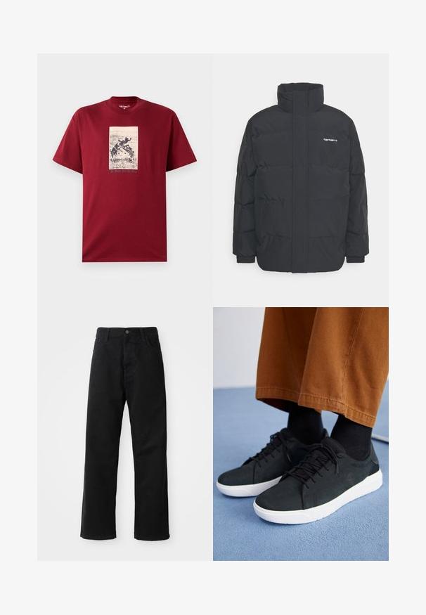 Schwarze Daunenjacke mit hohem Kragen, Reißverschluss vorne und elastischen Bündchen. Verfügt über eine Tasche und ein kleines Logo auf der Brust. Strukturiert Oberfläche.; Bordeauxfarbener Baumwoll-T-Shirt mit einem Schwarz-Weiß-Grafikdruck von verspielten Hunden und demText "Viel Arbeit und kein Spiel" darunter. Kurze Ärmel.; Schwarze Jeans mit geradem Schnitt, ausgestattet mit Fronttaschen, einem Reißverschluss und einem einzelnen oberen Knopf. Texturiert mit matter Oberfläche.; Schwarze Wildleder-Sneaker mit weißen Gummisohlen, mit Schnürdesign, strukturierten Akzenten und dezentem Branding, kombiniert mit braunen Hosen.