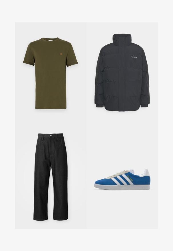 Fekete puffKabát magas nyakkal, cipzáros előlappal és rugalmas mandzsettával. Tartalmaz egy zsebet és egy kis logót a mellkason. Texturált felület.; Olíva zöld pamut póló rövid ujjakkal, kerek nyakkivágással, és kis narancssárga hímzett "II" részlet a mellkason. Simaszerkezet, egyszerű kialakítás.; Fekete farmernadrág laza szabással, magas derékkal, cipzáras záródással és öt zsebes kialakítással. Látható varrással kiemeltek az egész pantalon.; adidas Originals ADIDAS GAZELLE SHOES - Beltéri futballcipő - real madrid/bluebird/footwear white/crew yellow