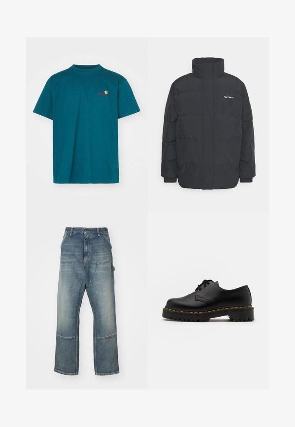 Jachetă puf black cu un guler înalt, închidere cu fermoar frontal și manșete elastice. Are un buzunar și un mic logo pe piept. Suprafață texturată.; Tricou din bumbac de culoare teal, cu guler tip crew. Prezintă un mic logo portocaliu și roșu pe partea stângă a pieptului. Mâneci scurte și o croială relaxată.; Jeans de culoare albastru deschis, cu o croială confortabilă, realizate din denim. Prezintă picioare largi, buzunare mari în față și detalii cu cusături în contrast.; Pantof black din piele, cu sireturi, cu vârf rotund, talpă din cauciuc texturat și cusături galbene în jurul bazei. Design plat și finisaj neted.