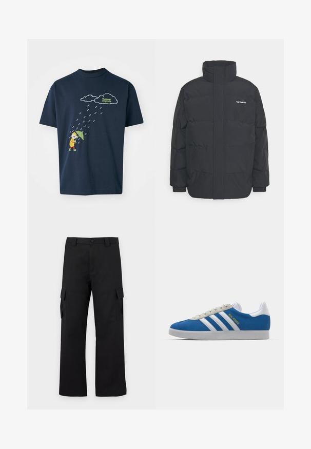 Černá zimní bunda s vysokým límcem, zipem vpředu a elastickými manžetami. Má kapsu a malé logo na hrudi. Texturovaný povrch.; Námořnická modrá bavlněná tričko s pixelovanou grafikou postavy s deštníkem pod mraky a kapkami deště, s textem nahoře ve světle zelené.; Černé cargo kalhoty s rovnou nohavicí. Vyrobené z odolného materiálu, obsahují dvě boční kapsy se zapínáním na klopu a knoflíkový zip.; adidas Originals ADIDAS GAZELLE SHOES - Sálové kopačky - real madrid/bluebird/footwear white/crew yellow