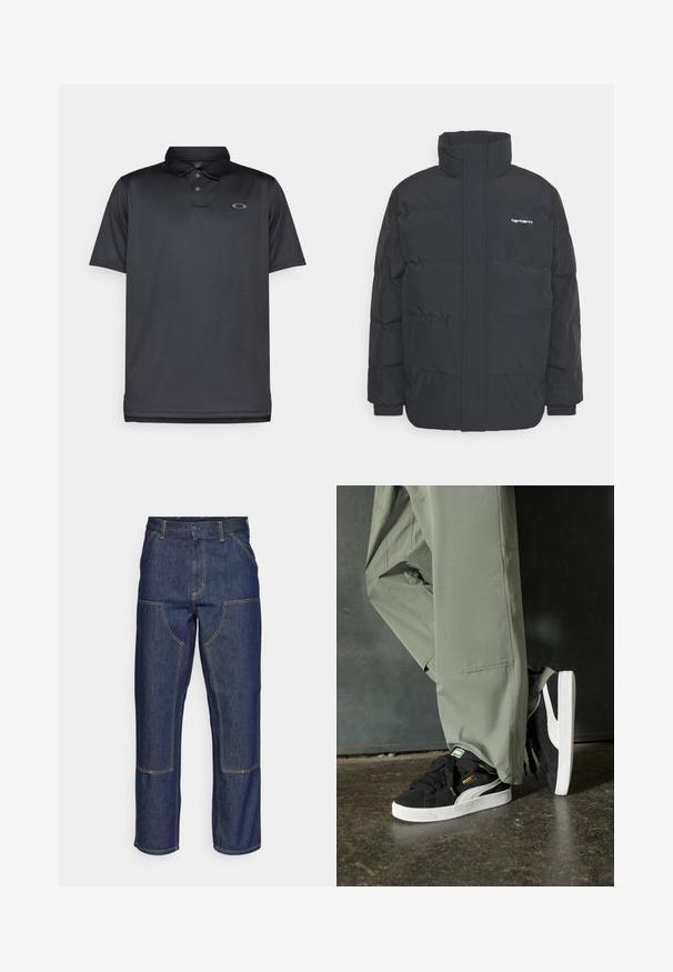 Svart pufferjacka med hög krage, dragkedja framtill och elastiska muddar. Har en ficka och en liten logotyp på bröstet. Texturerad yta.; Svart polo skjorta i mjukt tyg, med krage, tre knappar, korta ärmar och en liten grå logotyp på vänster bröst.; Mörkblå denimjeans med hög midja, rak bendesign, kontrasterande sömmar och fickor på framsidan.; Svarta mockaskor med vita gummisulor och sidoväggar, kombinerade med ljusgröna cargobyxor, stående på en texturerad mörk yta.