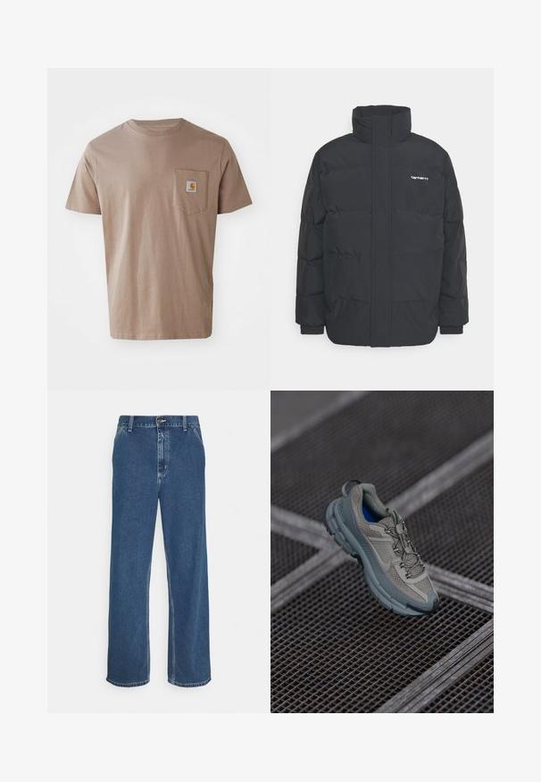 Čierna puffová bunda s vysokým golierom, zipom vpredu a elastickými manžetami. Obsahuje vrecko a malé logo na hrudi. Textúrovaný povrch.; Hnedé bavlnené tričko s krátkymi rukávmi, ktoré má náprsné vrecko a logo nášivku. Hladká textúra, štandardný okrúhly výstrih, voľný strih.; Modré džíny z denimu so rovnými nohavicami, dizajnom so piatimi vreckami, kovovým zapínaním a viditeľným šitím pozdĺž švov a lemu.; Béžová a šedá športová obuv s textúrovaným sieťovaným zvrškom, okrúhlou špičkou a gumovou podrážkou, vybavená šnúrkami a polstrovaným golierom.