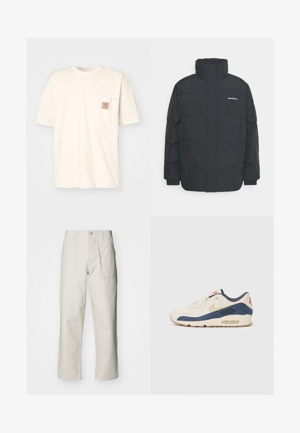 Black puffer jacket with a high collar, zip front, and elastic cuffs. Features a pocket and a small logo on the chest. Textured surface.; Cotton t-shirt in off-white, featuring a chest pocket with a square, brown leather patch and decorative gold rivets. Short sleeves, crew neck.; Light beige wide-leg pants made of cotton. Features front pockets and a button closure. Smooth texture with subtle vertical lines.; Sneakers with a cream leather and navy suede upper, featuring a visible air sole, beige rubber outsole, and red accent on the heel.