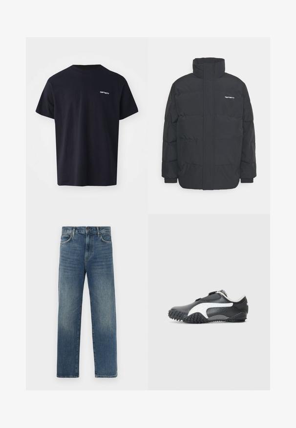 Black puffer jacket with a high collar, zip front, and elastic cuffs. Features a pocket and a small logo on the chest. Textured surface.; Black cotton t-shirt with short sleeves, crew neck, and a subtle white logo on the left chest area. Smooth texture, standard fit.; Denim jeans in medium blue wash, featuring a straight leg fit, five-pocket design, belt loops, and metal button closure.; Black athletic shoe with textured upper, white accents, and rubber outsole featuring a spiked pattern for traction. Adjustable strap closure.