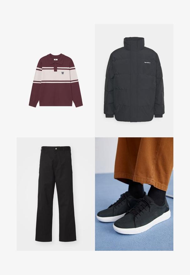 Giacca puffa nera con colletto alto, chiusura con zip frontale e polsini elastici. Presenta una tasca e un piccolo logo sul petto. Superficie testurizzata.; Polo a maniche lunghe color bordeaux con righe orizzontali bianche, due bottoni e un logo "W" nero sul lato sinistro del petto.; Pantaloni neri realizzati in tessuto resistente, dal taglio dritto, con chiusura frontale a bottone, passanti per cintura e senza motivi o accenti visibili.; Sneakers in suede nera con suole in gomma bianca, dotati di un design con lacci, accenti testurizzati e branding sottile, abbinati a pantaloni marroni.