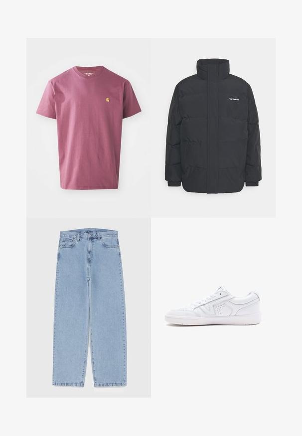 Jachetă puf black cu un guler înalt, închidere cu fermoar frontal și manșete elastice. Are un buzunar și un mic logo pe piept. Suprafață texturată.; Tricou din bumbac mov, cu decupaj rotund, mâneci scurte și un mic logo galben pe pieptul stâng. Design simplu, într-o singură culoare.; Jeans din denim de culoare albastru deschis, cu un design cu picioare drepte, având talie medie, cinci buzunare și un sistem de închidere cu nasture și fermoar.; Sneakers din piele albă, cu un design low-top, vârf rotund, detalii perforate și o talpă texturată. Include șireturi și accente subtile de cusătură.