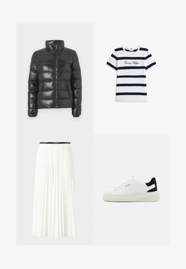 Zwarte pufferjack met een hoge kraag, glanzende afwerking, ritssluiting aan de voorkant en twee zijzakken met elastische manchetten.; Katoenen T-shirt met horizontale marineblauwe strepen op een witte achtergrond. "Tommy Hilfiger" geborduurd in cursieve letters op de borst. Ronde hals.; Plisséminirok in het wit met een zwarte elastische tailleband met het "LACOSTE"-logo. Middellange ontwerp met een zachte textuur.; Witte leren sneakers met een dikke witte zool, zwarte suède hielaccent en een geperst logo op de zijkant. Vetersluiting met zes oogjes.