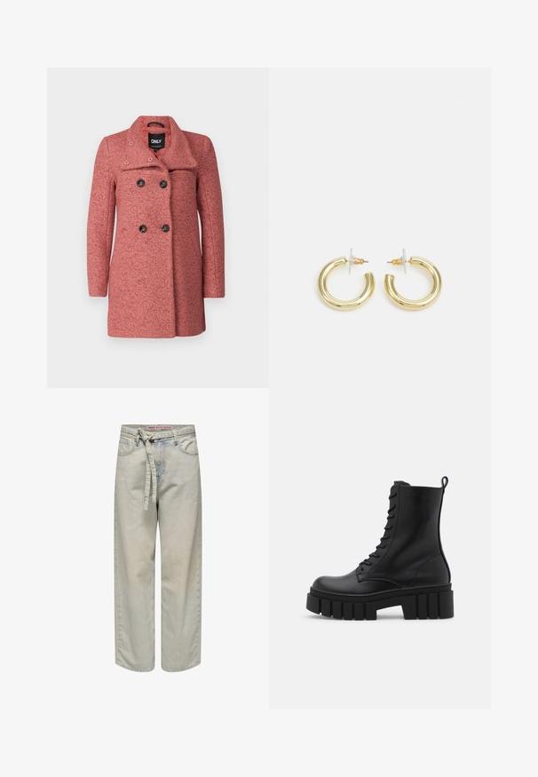 Dvoredni plašč iz teksturiranega rožnatega blaga z zareznim ovratnikom, s štirimi črnimi gumbi in dolgimi rokavi za dodatno toploto.; Bela srajca z dolgimi rokavi in gumbi, izdelana iz gladkega bombažnega mešanega materiala. Ima klasičen ovratnik, sprednje zapiranje na gumbe in zaokrožene manšete.; Svetlo modri široki traper hlače z pasom in zadrgo, z unikatnimi podrobnostmi in klasičnim petim žepnim dizajnom, narejeni iz traper tkanine.; Črne usnjene gležnjarje z debelim, rebrastim podplatom, vezanjem na sprednji strani in zanka za vlečenje na gladki beli podlagi.; Zlate uhane v obliki obročkov z gladko, sijočo površino. Krožna zasnova s majhnim nosilcem in prozornim podplatom za varno nošenje.