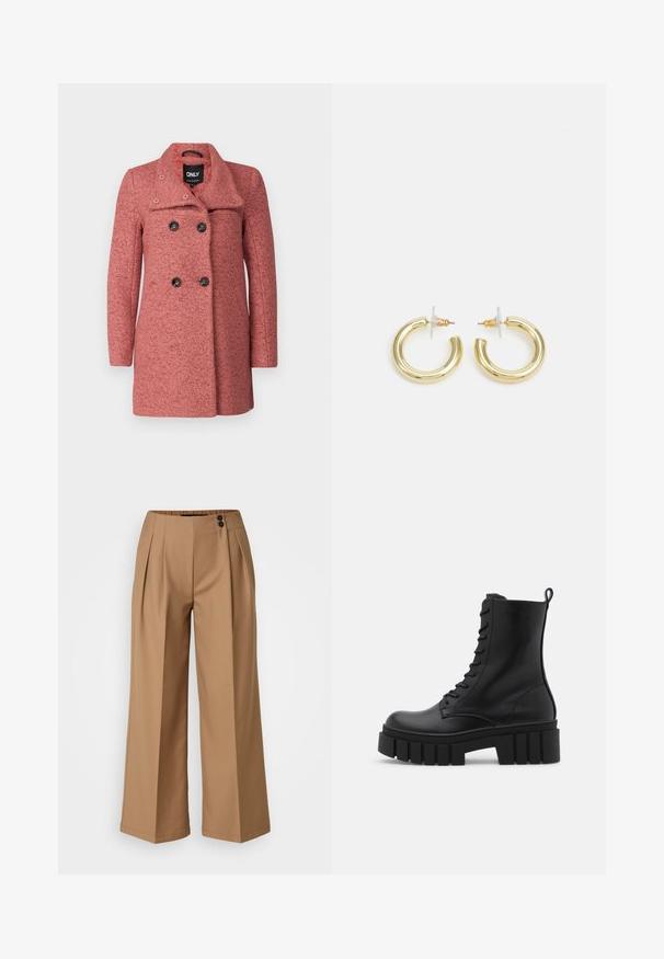 Dvojradový kabát z textúrovanej ružovej látky s klopovým golierom, s štyrmi čiernymi gombíkmi a dlhými rukávmi pre zvýšené teplo.; Even&Odd Petite 2 PACK - Top - light grey/black; Hnedé široké nohavice s fľakmi, s hladkou textúrou, dvoma prednými vreckami a dvoma dekoratívnymi gombíkmi v oblasti pásu.; Čierna kožená členková obuv s masívnou, zúženou podrážkou, viazaním vpredu a očka na zavesenie na hladkom bielom pozadí.; Zlaté kruhové náušnice s hladkým, lesklým povrchom. Cirkulárny dizajn s malým steblom a jasným záznamom pre bezpečné nosenie.