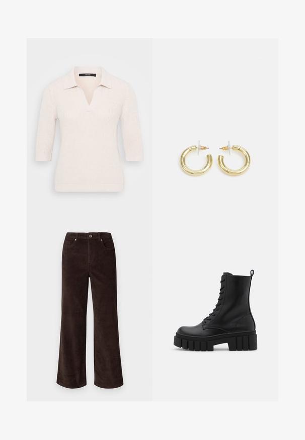 Divkāršs mētelis no faktūras rozā auduma ar iegriezuma apkakli, piedāvā četras melnas pogas un garas piedurknes papildu siltumam.; Adīts krēms krekls ar V-veida izgriezumu un īsām piedurknēm, ar teksturētu apdari un klasisku polo jaku. Nedaudz pieguloša piegriezums.; Vero Moda Petite VMTESSA PANTS - Auduma bikses - chocolate torte; Melnas ādas potītes zābaki ar masīvu, rievojumu zoli, auklu aizdari un vilces cilpu uz gludas baltas fona.; Zelta auskari ar gludu, spīdīgu apdari. Apaļš dizains, kas ietver mazu tapu un caurspīdīgu pamatni drošai valkāšanai.