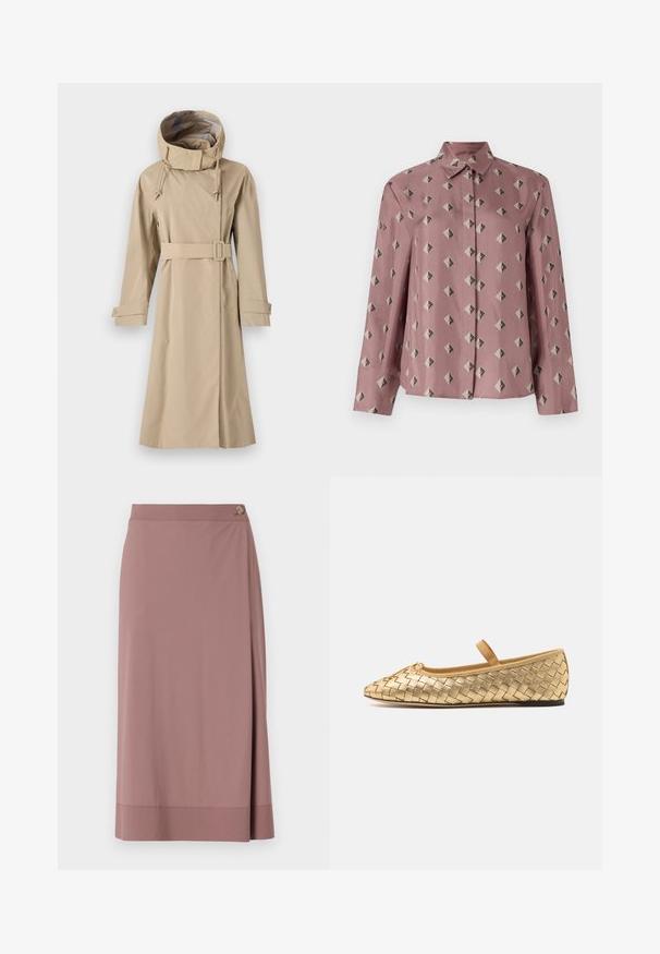 Beež trench coat kõrge kaelusega kapuutsiga, vöökoht on tõmmatud, pikkade varrukatega ja nööpidega mansettidega. Valmistatud siledast veekindlast kangast.; Nööpidega särk pehme roosa kangaga, millel on geomeetriline mustriga pärlid ja kolmnurgad tuhmides hallides ja mustades toonides. Pikad varrukad, klassikaline krae.; Heled roosa põlvepikkune seelik siledast kangast, külgseotud nupuga. Omab pakkuvust ja sirget ääreviimistlust, mis on peene viimistlusega.; Loeffler Randall LEONIE SOFT BALLET FLAT - Pahkluurihmadega baleriinad - gold