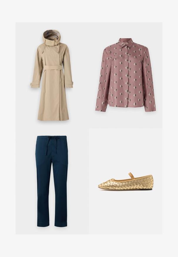 Bež plašč z visokim ovratnikom in kapuco, zategnjen pas in dolgi rokavi s gumbnimi manšetami. Narejen iz gladkega, vodoodpornega materiala.; Srajca na gumbe v mehkem roza blagu z geometrijskim vzorcem diamantov in trikotnikov v potisnjenih sivih in črnih tonih. Dolgi rokavi, klasičen ovratnik.; Mornarsko modre lahke hlače z elastičnim pasom in nastavljivimi vezalkami. Gladek material, ravna oblika nogavic in manšetni rob.; Loeffler Randall LEONIE SOFT BALLET FLAT - Balerinke s paščkom - gold
