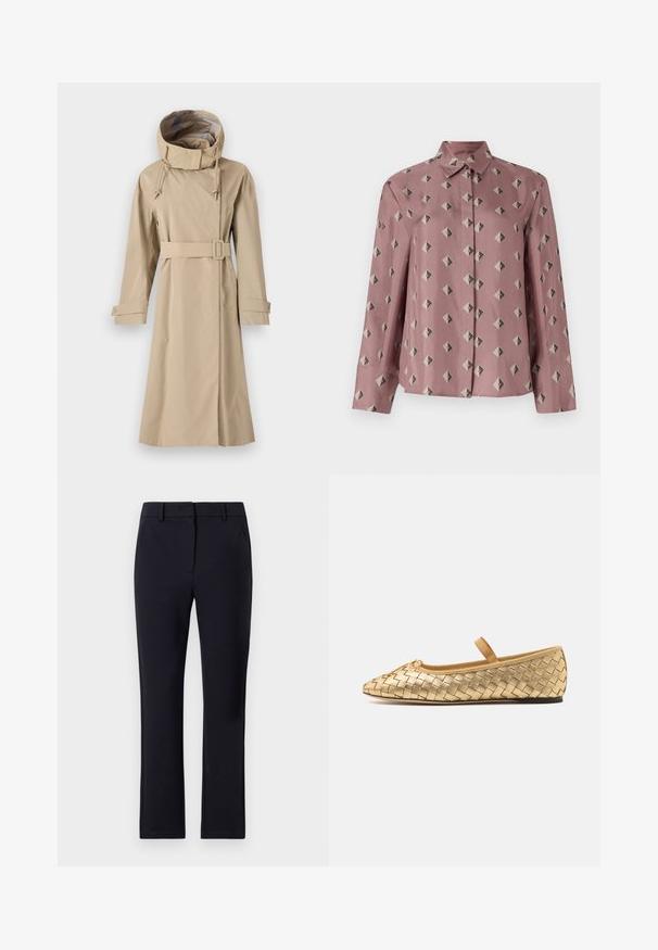 Beež trench coat kõrge kaelusega kapuutsiga, vöökoht on tõmmatud, pikkade varrukatega ja nööpidega mansettidega. Valmistatud siledast veekindlast kangast.; Nööpidega särk pehme roosa kangaga, millel on geomeetriline mustriga pärlid ja kolmnurgad tuhmides hallides ja mustades toonides. Pikad varrukad, klassikaline krae.; Tumed õmmeldud püksid, millel on tasane eesmine osa, vööpaelad, kaks küljetaskut ja sirge jalgade disain. Valmistatud siledast kangast.; Loeffler Randall LEONIE SOFT BALLET FLAT - Pahkluurihmadega baleriinad - gold