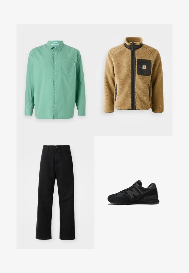 Chaqueta de forro polar color beige con un bolsillo de pecho con cremallera negra y bolsillos laterales a juego. Cuenta con un cuello alto y tejido texturizado para mayor calidez.; Camisa verde de botones, de manga larga, de material de algodón, con un solo bolsillo en el pecho, corte relajado, textura sutil y diseño de cuello clásico.; Pantalones de mezclilla negros con corte recto, con bolsillos frontales, cremallera y un solo botón en la parte superior. Tejido texturizado con un acabado mate.; Zapatilla negra con parte superior de ante y malla, suela gruesa y el prominente logo 'N' en el lateral. Diseño texturizado con cierre de cordones.
