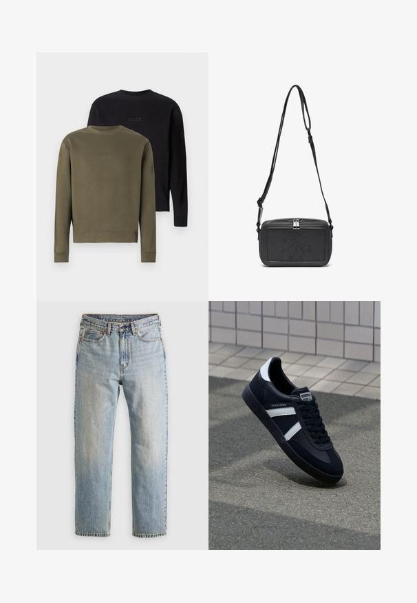 Olivenfarvet polstret jakke med hætte, der har en faux shearling-foring, lynlås foran og snorede detaljer. Enkel, rektangulær design.; To crew-neck sweatshirts er vist: en olivengrøn og en sort. Begge har tonale logo-broderier på brystet og ribbede cuffs.; Lysblå denim jeans med høj talje, frontknap, lynlås og fem-lomme design, lagt fladt på en neutral baggrund.; Sort lædersneaker med hvide striber, tekstureret gummisål og snørrebånd foran. Har et brandet mærke på tungen.; Sort læder crossover taske med lynlåslukning, præget logo på fronten og justerbar rem. Glat tekstur med rektangulær form.