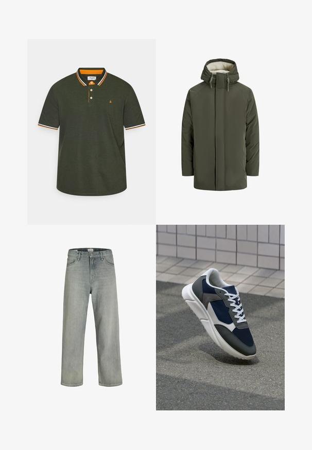 Olio vihreä vuoritakki hupulla, jossa on tekoturkista tehty vuori, etuvetoketju ja kiristettävät yksityiskohdat. Yksinkertainen, suorakulmainen muotoilu.; Paita polo väri tumman vihreä, oranssilla ja valkoisella raidallisella kauluksessa, kolmella napilla varustettu etuhalkio ja pieni logo rinnassa.; Vaaleanharmaat, löysät farkut, jotka on valmistettu denimistä. Ominaisuuksiin kuuluu klassinen viiden taskun muotoilu, vyölenkit ja suora lahjetyyli.; Kengät, joissa on tummansininen verkkopäällinen, harmaat mokka-yksityiskohdat, valkoinen kumipohja ja litteät valkoiset nauhat, suunniteltu mukavuutta ja hengittävyyttä varten.
