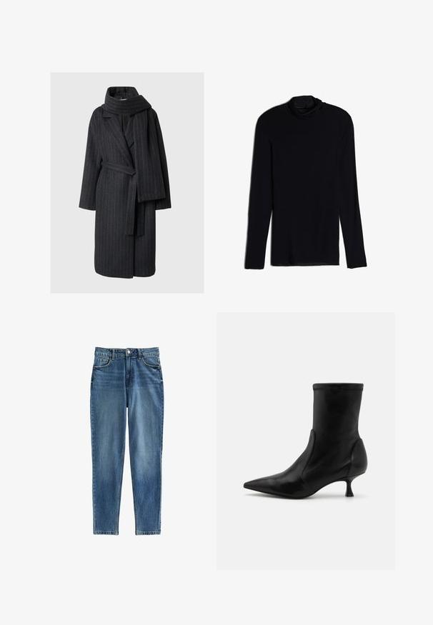 Kappan i ullblandning är mörkgrå med smala ränder, har en markerad krage, långa ärmar och en matchande scarf. Den har en midja med bälte och är knälång.; Svart långärmad topp med draperad halsringning, tillverkad av ett mjukt och glatt material; figursydd design med rak fåll och inga synliga sömmar.; Blå denimjeans med rak passform, hög midja, fem fickor och subtila blekna områden för textur. Metallknappstängning.; Svart läder ankelstövel med en smal silhuett, elastisk ovandel och en kort, tunn klack. Slät yta och minimala sömnadsdetaljer.