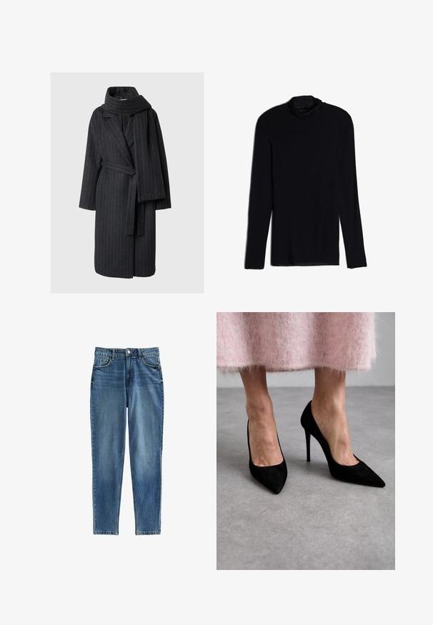 Manteau en mélange de laine gris foncé à rayures fines, caractérisé par un col cranté, des manches longues et une écharpe assortie. Taille ceinturée, design jusqu'au genou.; Haut noir à manches longues avec col drapé, fabriqué à partir d'un tissu doux et lisse ; design ajusté avec ourlet droit et sans coutures visibles.; Jeans en denim bleu avec une coupe droite, dotés d'une taille haute, de cinq poches et de zones légèrement décolorées pour la texture. Fermeture à bouton métallique.; Talons hauts en daim noir avec des pointes et des talons aiguilles. Portés avec une jupe en peluche rose, l'accent est mis sur le design et la texture des chaussures.