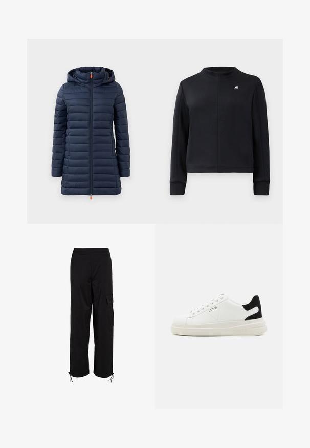 Námornícka pufová bunda s kapucňou, s horizontálne prešívanými sekciami, so zipsom po celej dĺžke a oranžovým ťahákom na zips. Hladká textura, ľahký dizajn.; Čierna mikina s vysokým golierom, dlhými rukávmi a priliehavým strihom. Má malé logo na hrudníku a textúrovanú tkaninu.; Čierne cargo nohavice s elastickým pásom, bočnými vreckami a nastaviteľnými šnúrkami na koncoch. Vyrobené z odolného, textúrovaného materiálu.; Biele kožené tenisky s hrubou bielou podrážkou, čiernym zamekom na päte a vyrazeným logom na boku. Šnurovací dizajn so šiestimi očkami.