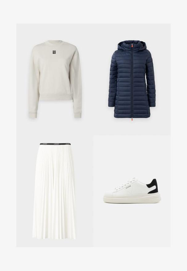 Jachetă puffer marină, cu glugă, cu secțiuni quilted orizontale, fermoar pe toată lungimea și mâner pentru fermoar portocalie. Textură netedă, design ușor.; Tricou cu guler rotund, de culoare crem, cu manșete și margine de jos din țesătură striată; are un logo negru "HUGO" centrat pe față.; Fustă plisată albă cu un brâu elastic negru, având logo-ul "LACOSTE". Design de lungime medie, cu textură moale.; Adidași din piele albă cu o talpă groasă albă, accent de călcâi din suede negru și logo embosat pe lateral. Design cu șireturi și șase orificii.