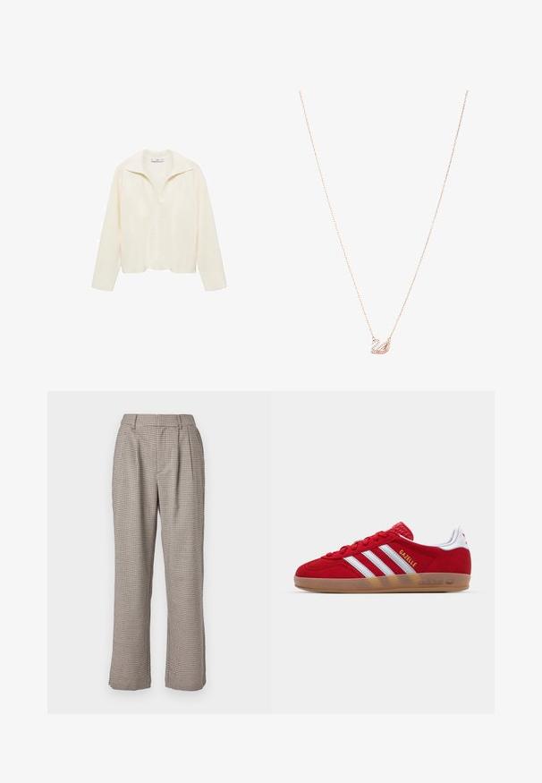 Jachetă din denim de culoare albastră deschisă, cu închidere prin butoni, guler, mâneci lungi, buzunar pe pieptul stâng și petic din piele pe buzunar.; Pulover tricotat, de culoare fildeș, cu o croială lejeră, de tip V și guler. Are o textură ribbed și mâneci lungi, potrivit pentru ținute casual.; Pantaloni cu carouri, cu talie înaltă, în bej și negru, având un croi lejer, plisaje și buzunare laterale. Textură netedă și pantaloni cu picioare largi.; Sneaker roșu din suede cu un design alb cu trei dungi și text auriu "Gazelle". Dispune de o talpă din cauciuc și un toc texturat.; Colier din aur roz cu un pandantiv în formă de lebădă, embellisat cu cristale clare. Lanțul are un design delicat cu verigi.