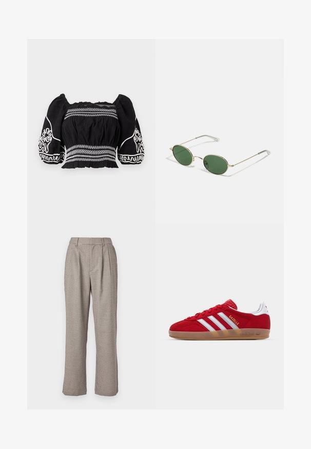 Világoskék farmerdzseki gombos elülső résszel, gallérral, hosszú ujjakkal, bal oldali zsebbel, és bőr logóval a zsebben.; Fekete, vállnál nyitott blúz puffos ujjakkal, fehér hímezett mintákkal és texturált anyaggal, ráncolt derékkal és elasztikus mandzsettákkal.; Kockás, magas derekú barna és fekete nadrág, laza szabással, redőkkel és oldalzsebekkel. Simább textúra és széles szárak.; Piros velúr sneaker fehér háromcsíkos dizájnnal és arany "Gazelle" felirattal. Gumi talppal és texturált sarokkal rendelkezik.; Arany keretes napszemüveg zöld ovális lencsékkel és vékony fém karokkal. Az karokon átlátszó műanyag hegyek találhatók a kényelem érdekében.