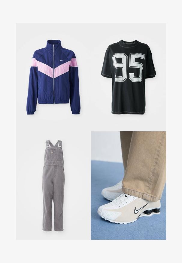 Casaco corta-vento azul-marinho com listras em forma de chevron rosa, fecho de correr na frente, gola alta e punhos elásticos. Tecido leve e suave. Logotipo da Nike no peito.; T-shirt de algodão preto com mangas curtas, apresentando o número "95" impresso em branco na parte da frente e costura contrastante ao longo das bordas.; Salopete de ganga cinza com alças ajustáveis, um bolso frontal e um corte confortável. Apresenta pernas rectas e uma cor sólida ao longo de toda a peça.; Tênis Nike brancos e bege com design perfurado, logotipo Swoosh preto, parte superior texturizada e um distintivo calcanhar preto com mola.