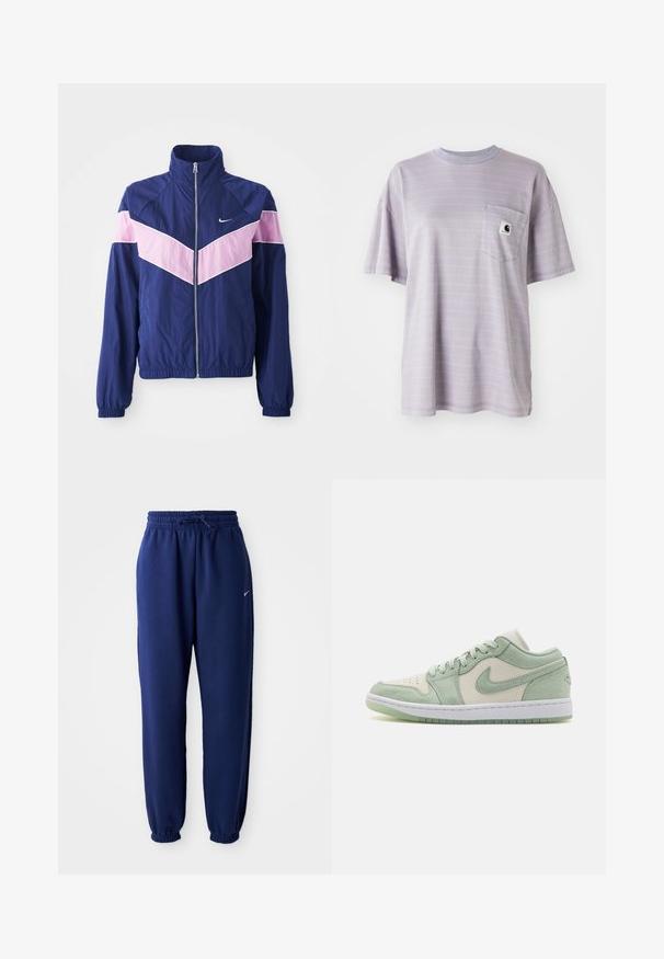 Marineblå vindjakke med rosa chevron-striper, glidelås foran, ståkrage og elastiske mansjetter. Lett, glatt stoff. Nike-logo på brystet.; Lyselilla kortermet t-skjorte med subtile horisontale striper og en brystlomme med en liten merkevarelogo. Myk bomullsstoff.; Mørkeblå joggebukser laget av mykt stoff, med elastisk linning med snøring, elastiske mansjetter og en liten hvit logo.; Nike Air Jordan 1 Low; har lys grønn og kremfarget skinn, semsket detaljer, perforert tå, hvit mellomsåle og gjennomsiktig grønn yttersåle.
