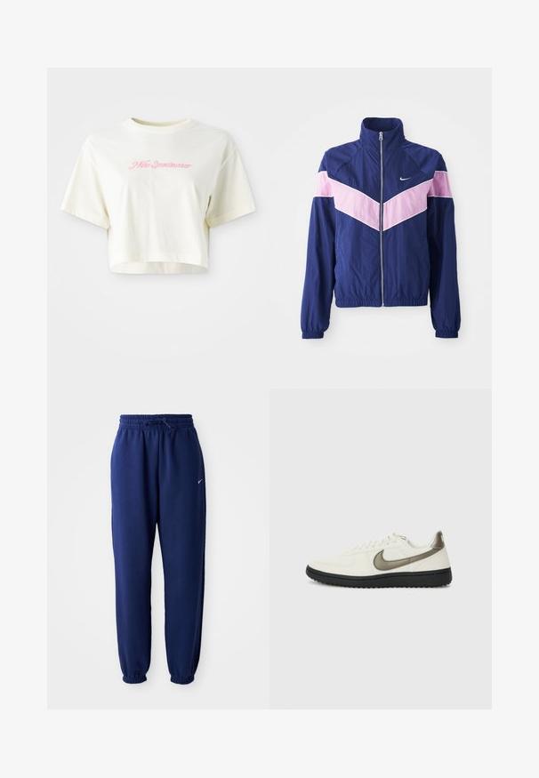 Ναυτικό μπουφάν με ροζ λοξές ρίγες, μπροστινό φερμουάρ, όρθιο γιακά και ελαστικούς καρπούς. Ελαφρύ, απαλό ύφασμα. Λογότυπο Nike στο στήθος.; Λιτή, κρεμ μπλούζα από βαμβάκι με κοντό μήκος. Διαθέτει ροζ κεντητό λογότυπο που γράφει "Nike Sportwear". Έχει κοντά μανίκια και στρογγυλή λαιμόκοψη.; Σκούρες μπλέ φόρμες από μαλακό ύφασμα, με ελαστική μέση και κορδόνι, ελαστικές μανσέτες και ένα μικρό λευκό λογότυπο.; Nike Sportswear FIELD GENERAL - Αθλητικά παπούτσια - off-white/black