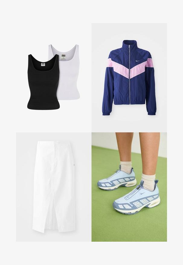 Jachetă windbreaker bleumarin cu dungi în formă de V roz, fermoar frontal, guler în picioare și mansete elastice. Material ușor, neted. Logo-ul Nike pe piept.; Două topuri fără mâneci: unul negru și unul alb. Ambele au o textură canelată și un decolteu rotund. Etichetele de pe partea interioară indică marca și mărimea.; Fustă midi din bumbac alb, cu croială dreaptă, fante laterale și fermoar ascuns. Textură netedă, design minimalist și fără ornamente vizibile.; Încălțăminte sport de culoare albastru deschis cu accente albe, panouri texturate și închidere cu fermoar. Are o talpă vizibilă cu pernuțe de aer și o talpă exterioară din cauciuc.
